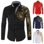 RNSHANGER Mens Luxury Gold High Quality Long Sleeve Dress Shirts Slim Fit Business Black Male Dress Prom Social Print Shirt