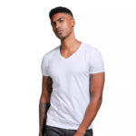 Wholesale Men's Summer Short Sleeve T-Shirt Slim Fit Solid Color V-Neck 100% Cotton Inner Wear with Heart Design White
