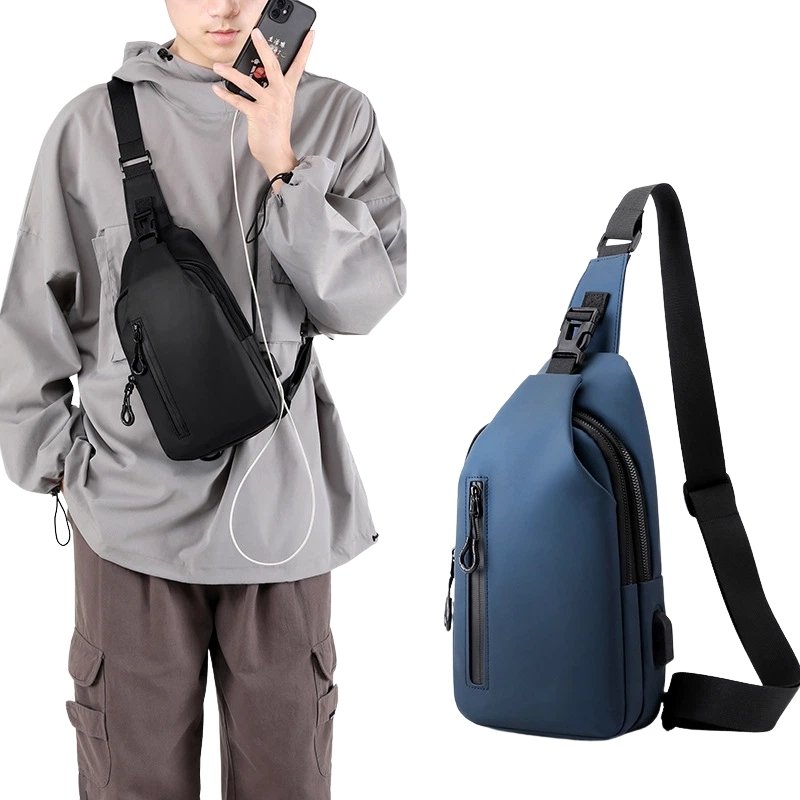 3 Men's Genuine Leather High-End Waterproof Crossbody Chest Bag with USB Charging Port Summer Cross-Border Trend - Image 1